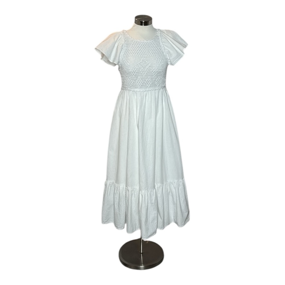 ZARA WHITE COTTON FLUTTER SLEEVE CROCHET BODICE CROSS BACK SUMMER MIDI DRESS - Picture 2 of 13